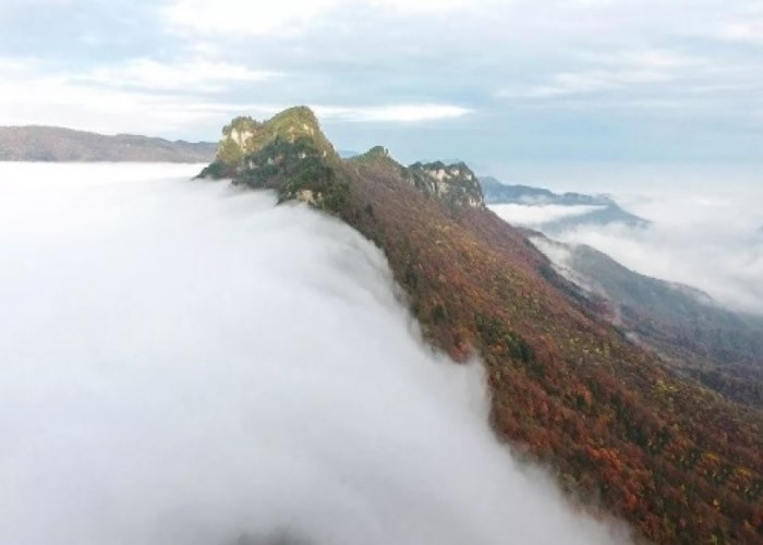 湖北神农架天燕景区内的天门垭惊现云海瀑布奇景